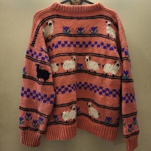 Hand knit synthetic sheep sweater, handmade, Pink,  1 black 🐑.